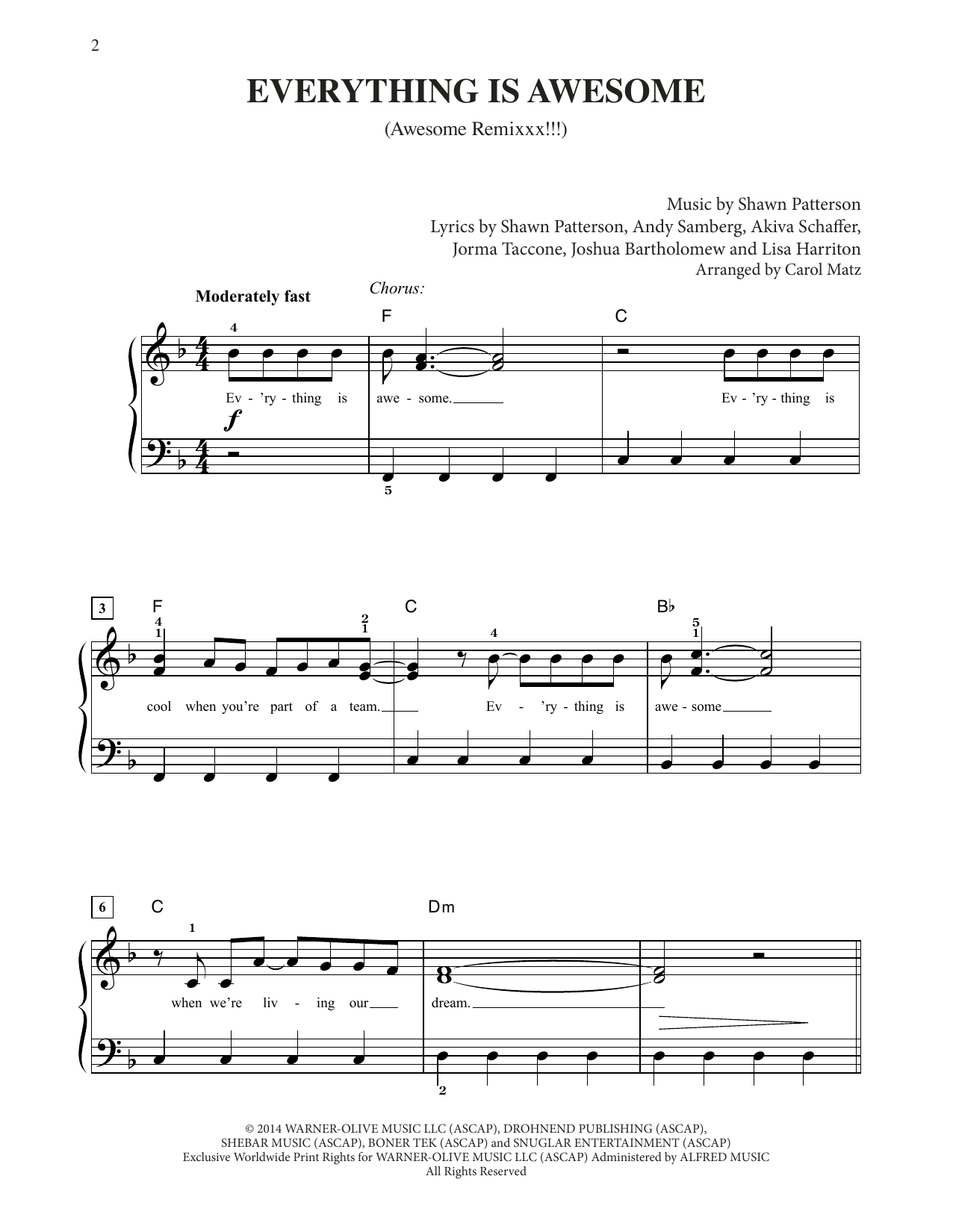 Tegan and Sara Everything Is Awesome (from The Lego Movie) (arr. Carol Matz) sheet music notes and chords arranged for Big Note Piano