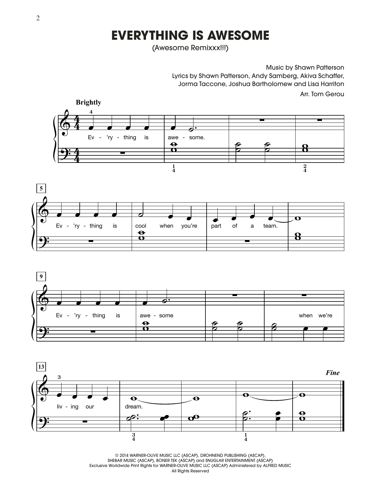 Tegan and Sara Everything Is Awesome (from The Lego Movie) (arr. Tom Gerou) sheet music notes and chords arranged for Big Note Piano
