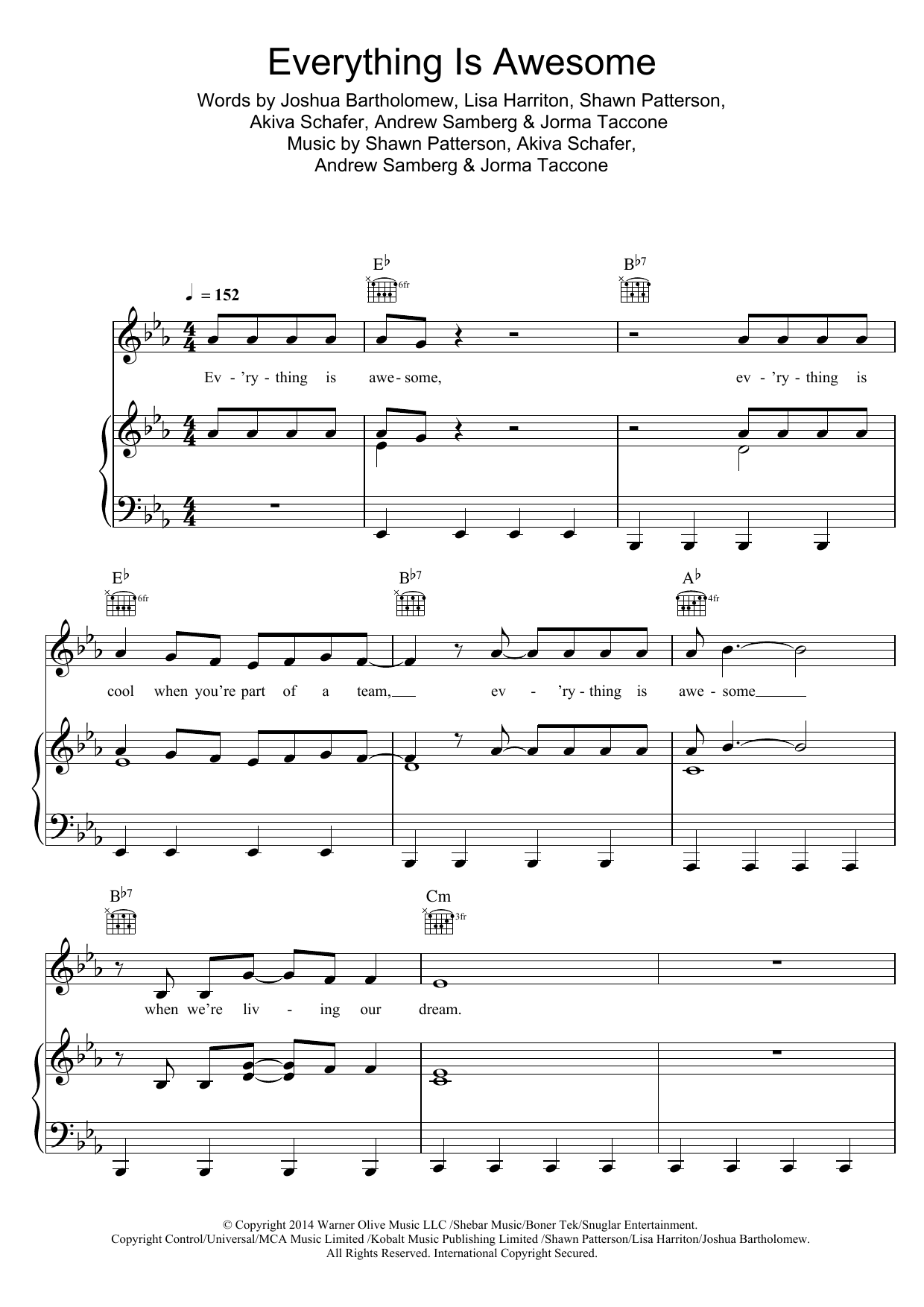 Tegan and Sara Everything Is Awesome (from The Lego Movie) (feat. The Lonely Island) sheet music notes and chords arranged for Piano, Vocal & Guitar Chords (Right-Hand Melody)