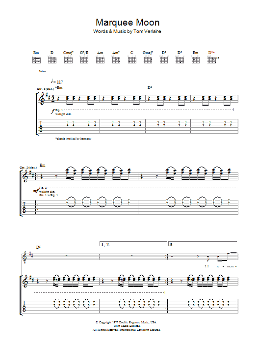 Television Marquee Moon sheet music notes and chords arranged for Guitar Chords/Lyrics