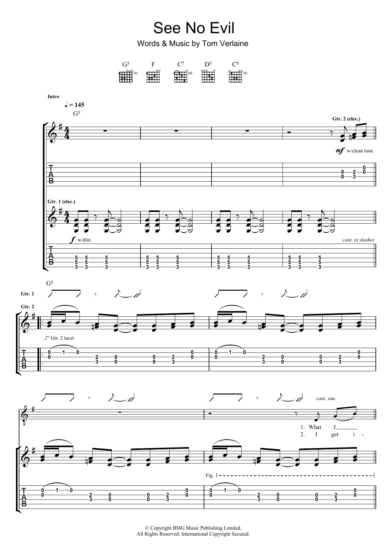 Television See No Evil sheet music notes and chords arranged for Guitar Tab