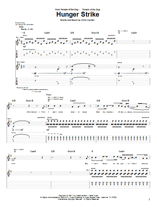 Temple Of The Dog Hunger Strike sheet music notes and chords arranged for Guitar Tab (Single Guitar)