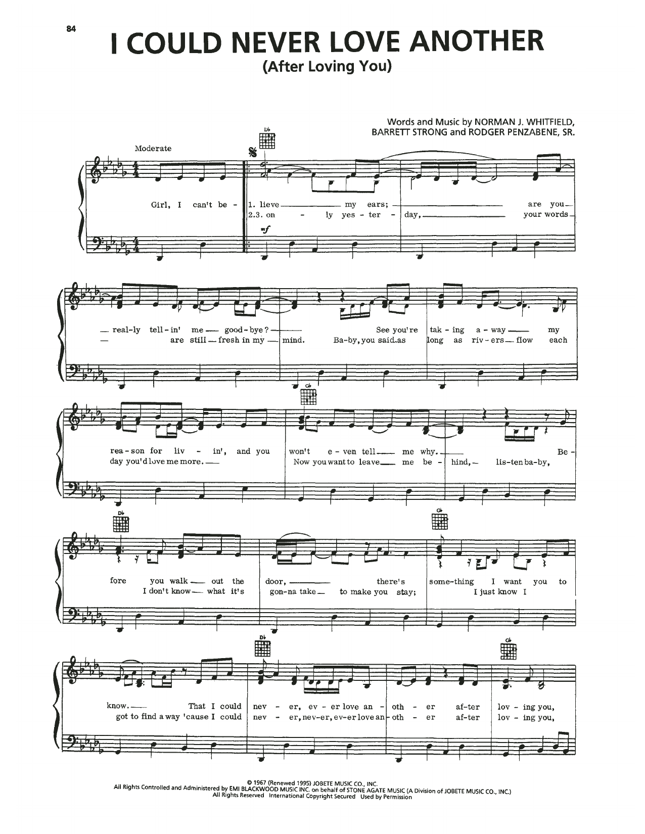 Temptations I Could Never Love Another (After Loving You) sheet music notes and chords arranged for Piano, Vocal & Guitar Chords (Right-Hand Melody)