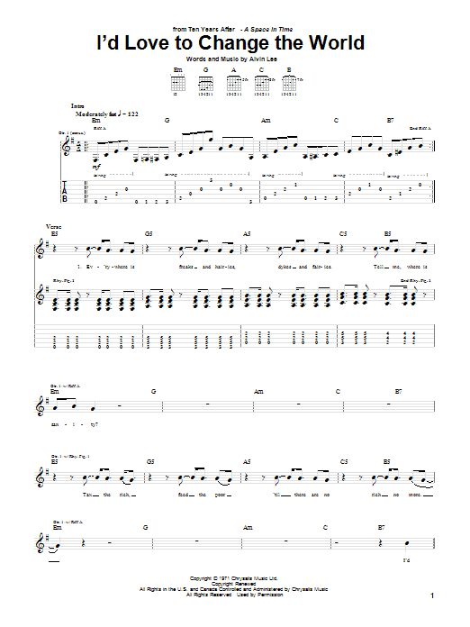 Ten Years After I'd Love To Change The World sheet music notes and chords arranged for Lead Sheet / Fake Book
