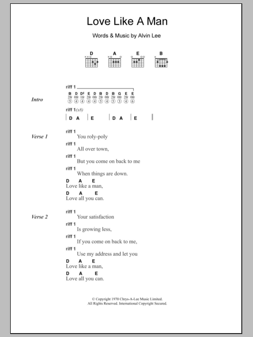 Ten Years After Love Like A Man sheet music notes and chords arranged for Guitar Chords/Lyrics