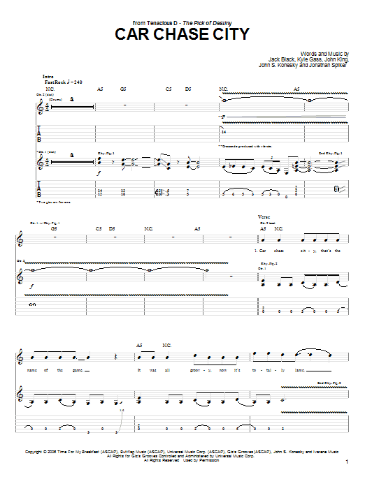 Tenacious D Car Chase City sheet music notes and chords arranged for Guitar Tab