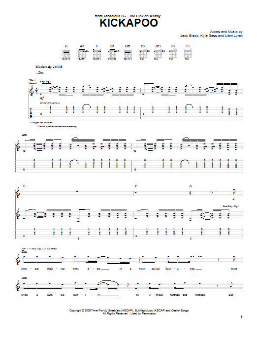 Tenacious D Kickapoo sheet music notes and chords arranged for Guitar Chords/Lyrics