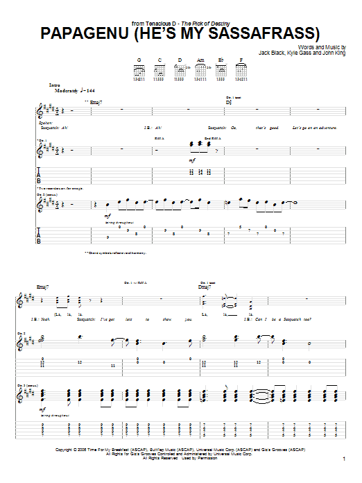 Tenacious D Papagenu (He's My Sassafrass) Part 1 sheet music notes and chords arranged for Guitar Tab