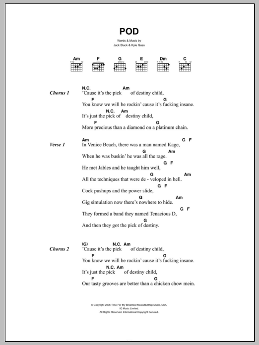 Tenacious D POD sheet music notes and chords arranged for Guitar Chords/Lyrics