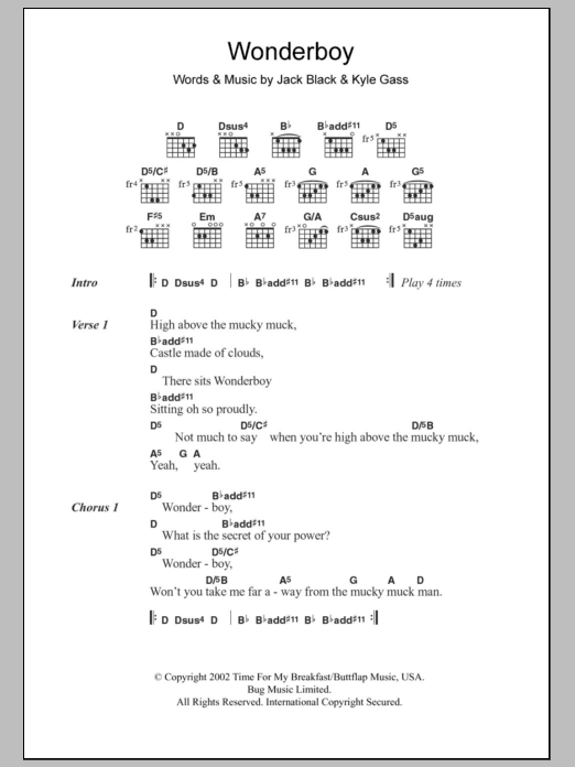Tenacious D Wonderboy sheet music notes and chords arranged for Guitar Chords/Lyrics