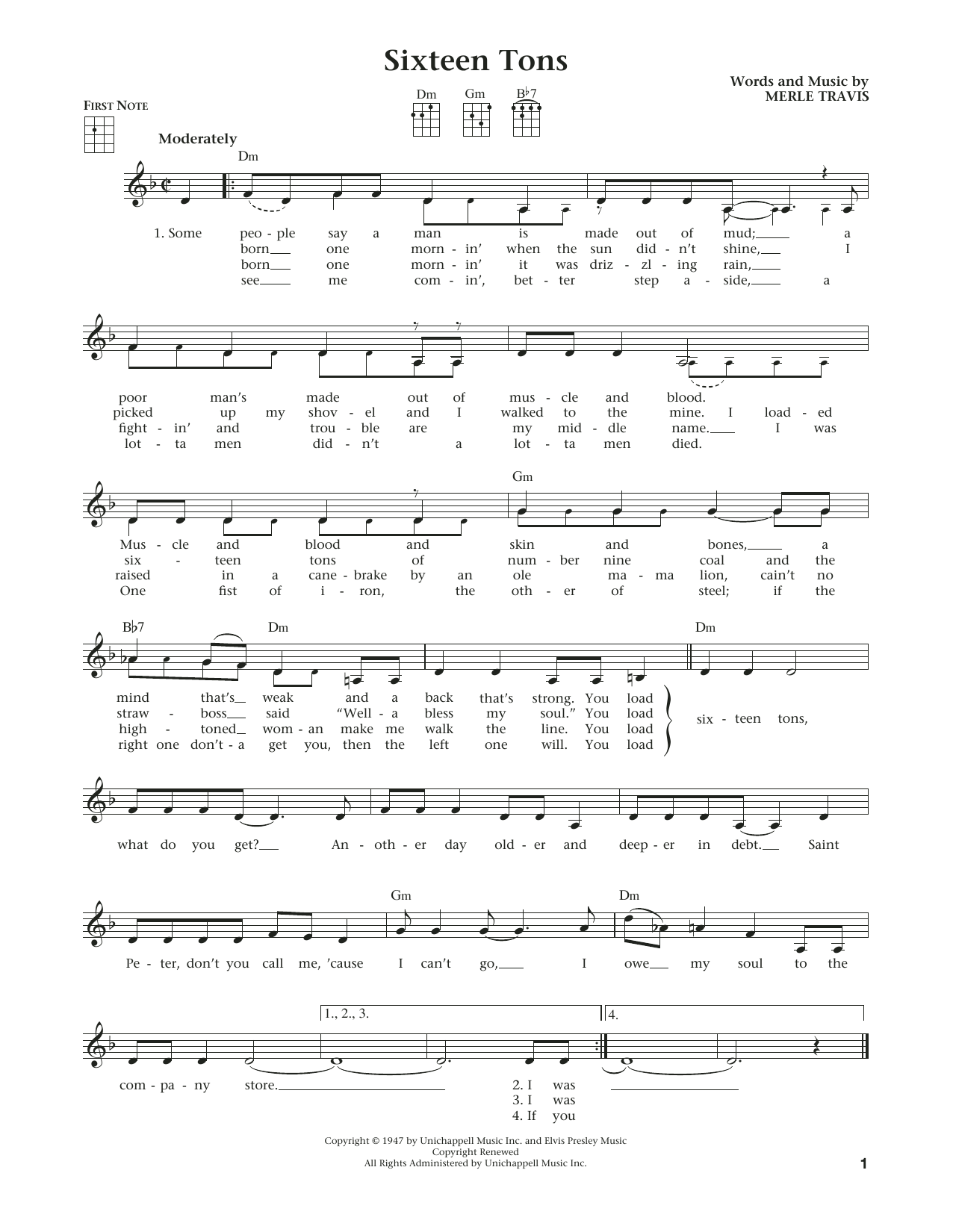 Tennessee Ernie Ford Sixteen Tons (from The Daily Ukulele) (arr. Liz and Jim Beloff) sheet music notes and chords arranged for Ukulele