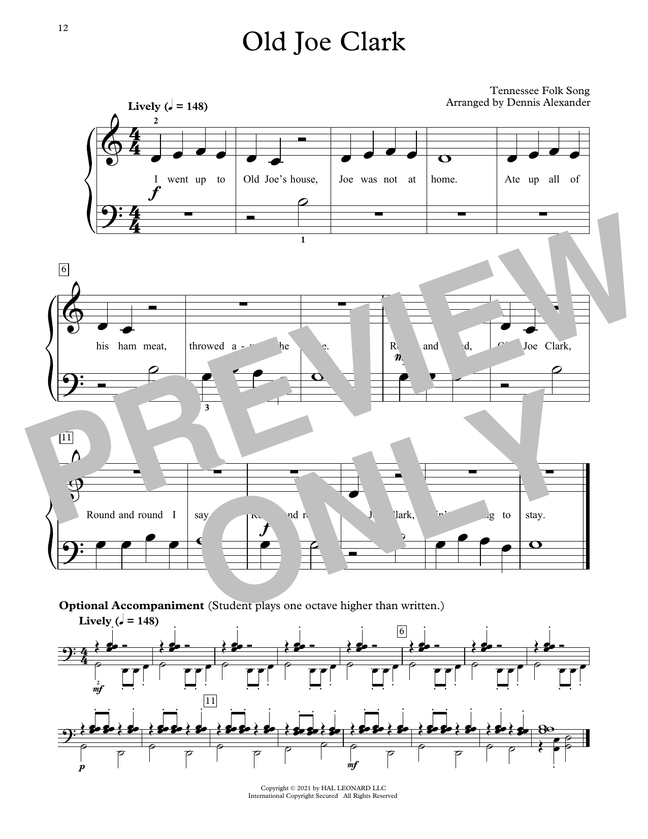 Tennessee Folksong Old Joe Clark (arr. Dennis Alexander) sheet music notes and chords arranged for Educational Piano