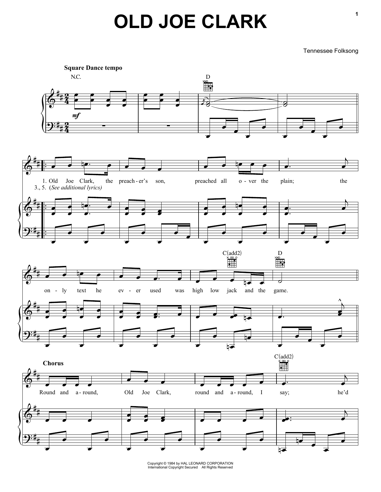 Tennessee Folksong Old Joe Clark sheet music notes and chords arranged for Piano, Vocal & Guitar Chords (Right-Hand Melody)