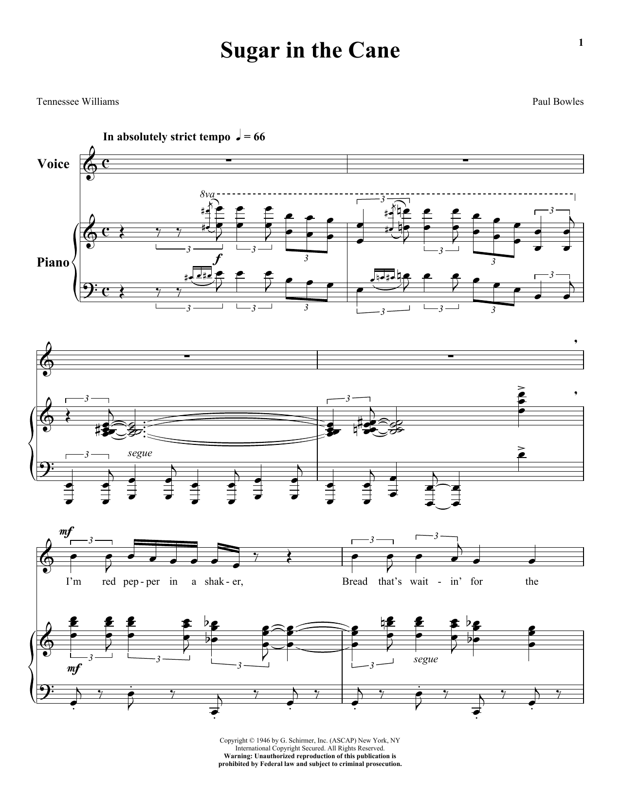 Tennessee Williams Sugar In The Cane sheet music notes and chords arranged for Piano & Vocal