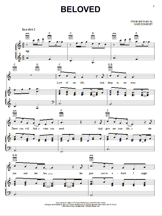 Tenth Avenue North Beloved sheet music notes and chords arranged for Piano, Vocal & Guitar Chords (Right-Hand Melody)