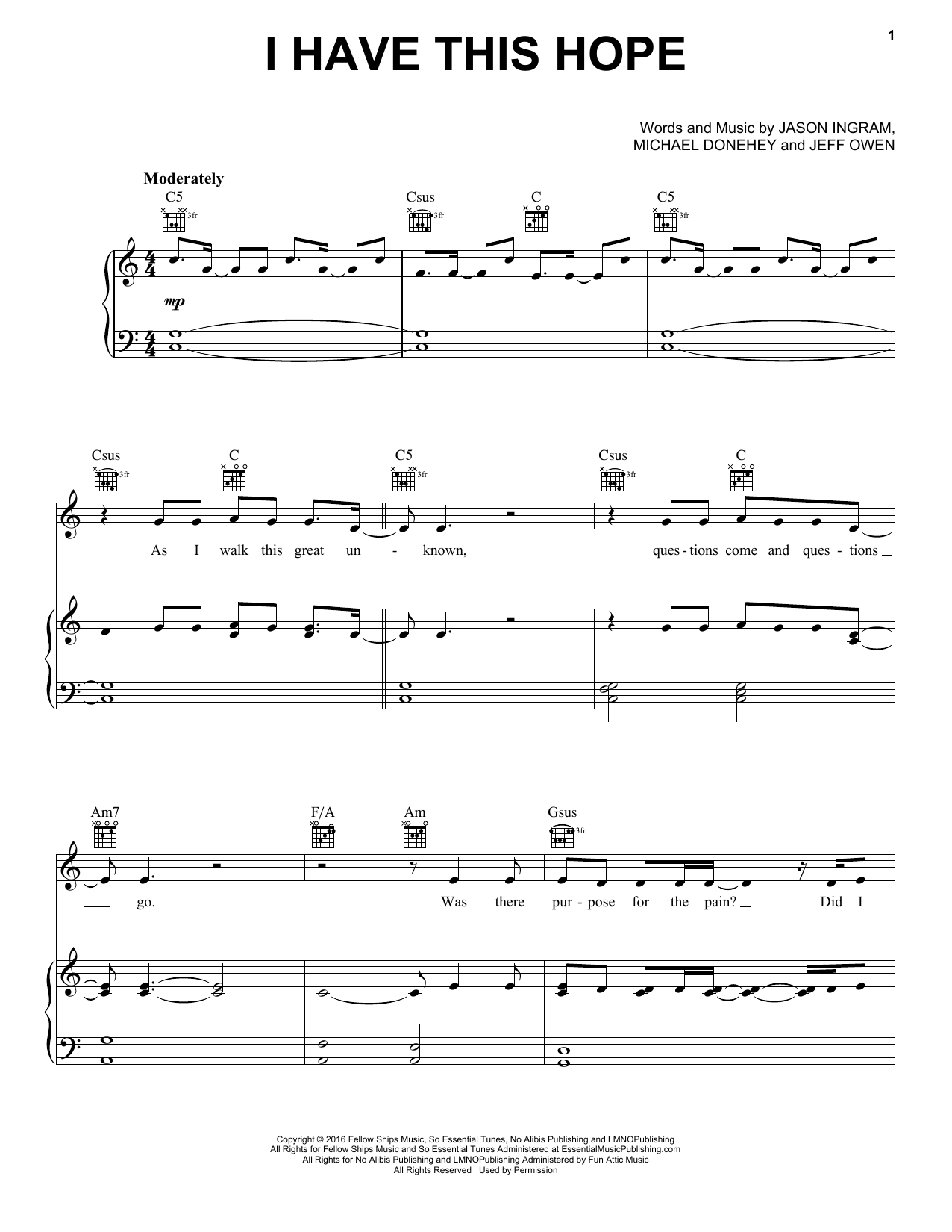 Tenth Avenue North I Have This Hope sheet music notes and chords arranged for Piano, Vocal & Guitar Chords (Right-Hand Melody)