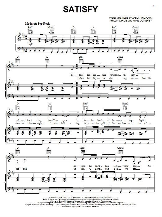 Tenth Avenue North Satisfy sheet music notes and chords arranged for Piano, Vocal & Guitar Chords (Right-Hand Melody)