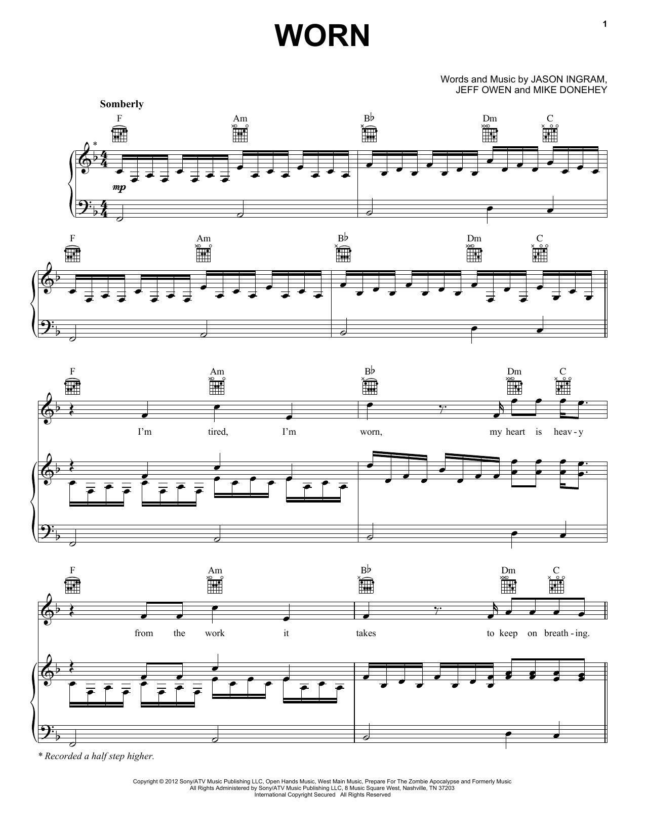 Tenth Avenue North Worn sheet music notes and chords arranged for Piano, Vocal & Guitar Chords (Right-Hand Melody)