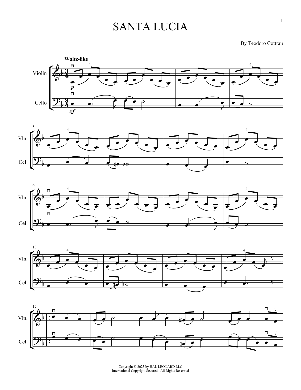 Teodoro Cottrau Santa Lucia (arr. Michelle Hynson) sheet music notes and chords arranged for Instrumental Duet