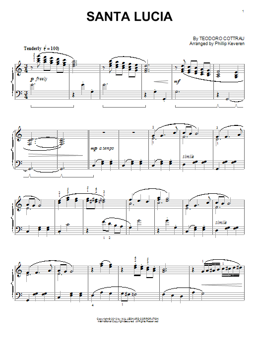 Teodoro Cottrau Santa Lucia (arr. Phillip Keveren) sheet music notes and chords arranged for Piano Solo