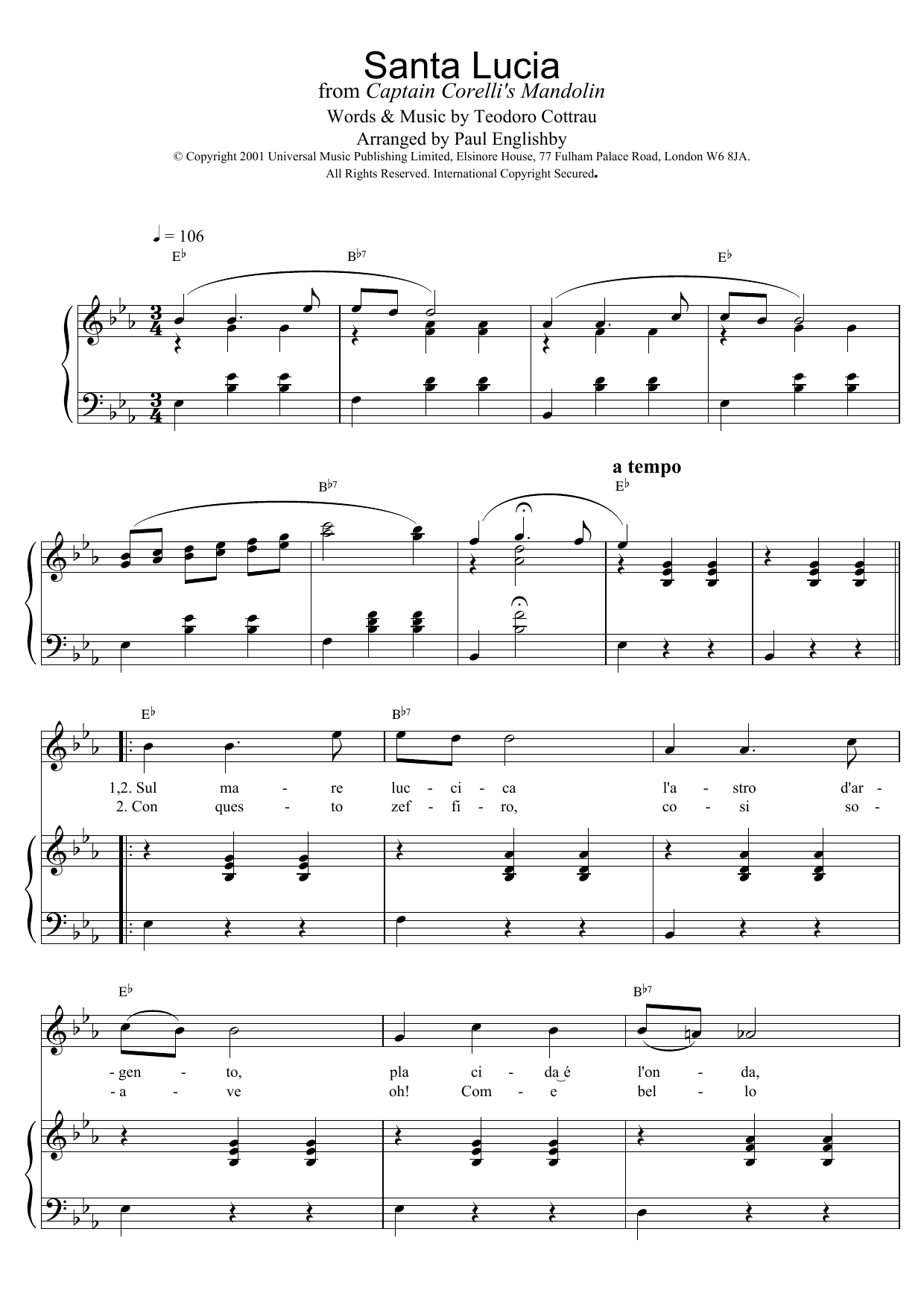 Teodoro Cottrau Santa Lucia sheet music notes and chords arranged for Super Easy Piano