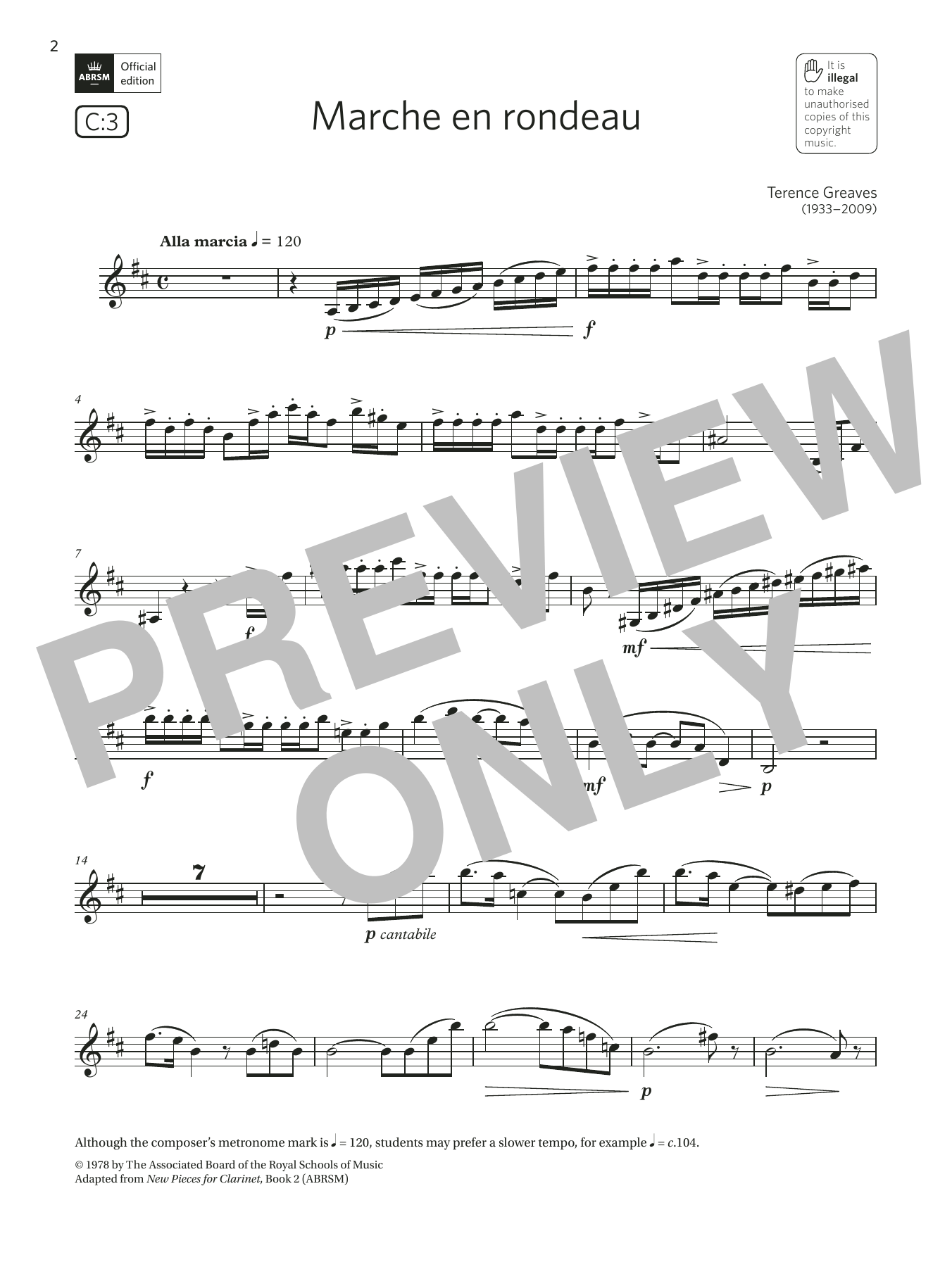 Terence Greaves Marche en rondeau (Grade 6 List C3 from the ABRSM Clarinet syllabus from 2022) sheet music notes and chords arranged for Clarinet Solo