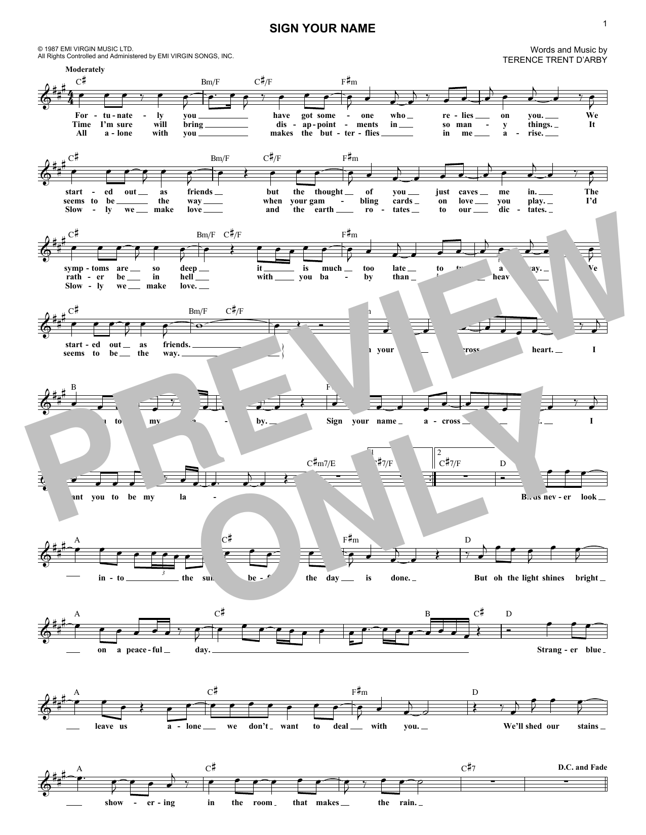 Terence Trent D'Arby Sign Your Name sheet music notes and chords arranged for Lead Sheet / Fake Book