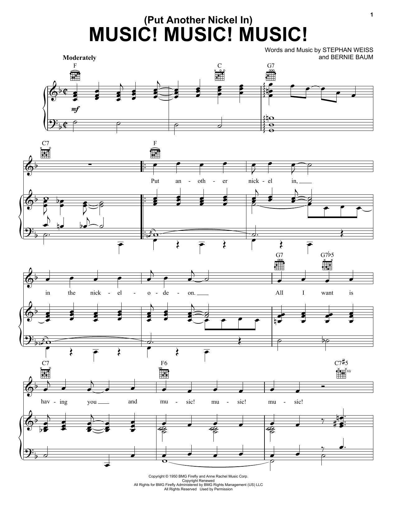 Teresa Brewer (Put Another Nickel In) Music! Music! Music! sheet music notes and chords arranged for Piano, Vocal & Guitar Chords (Right-Hand Melody)