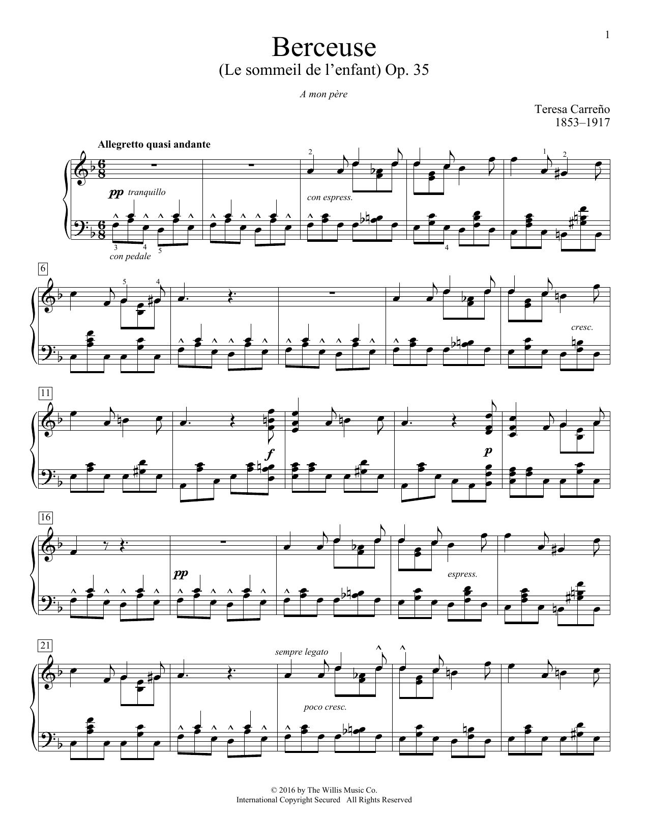 Teresa Carreno Berceuse (Le sommeil de l'enfant), Op. 35 sheet music notes and chords arranged for Educational Piano