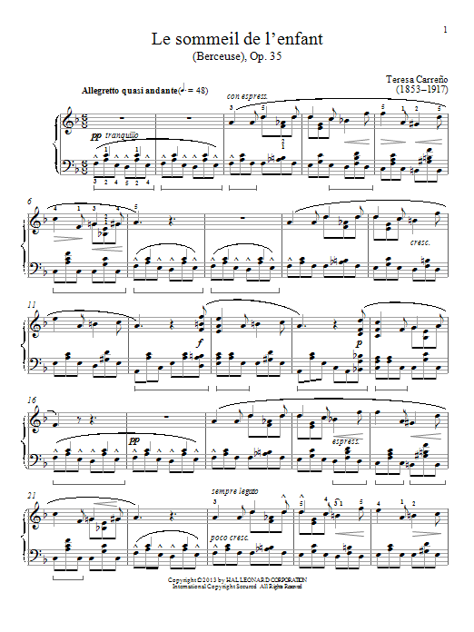 Teresa Carreno Le sommeil de l'enfant (Berceuse), Op. 35 sheet music notes and chords arranged for Piano Solo