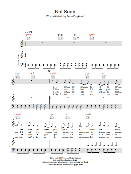 Terra Naomi Not Sorry sheet music notes and chords arranged for Piano, Vocal & Guitar Chords