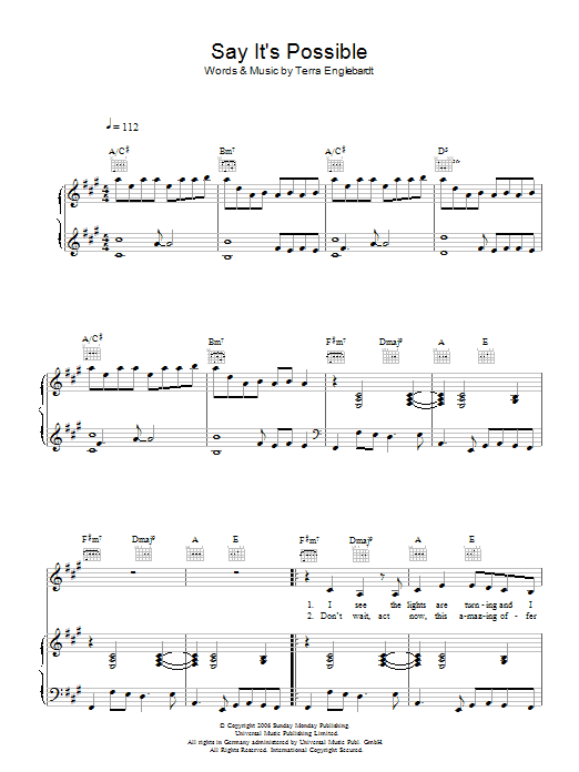 Terra Naomi Say It's Possible sheet music notes and chords arranged for Piano, Vocal & Guitar Chords