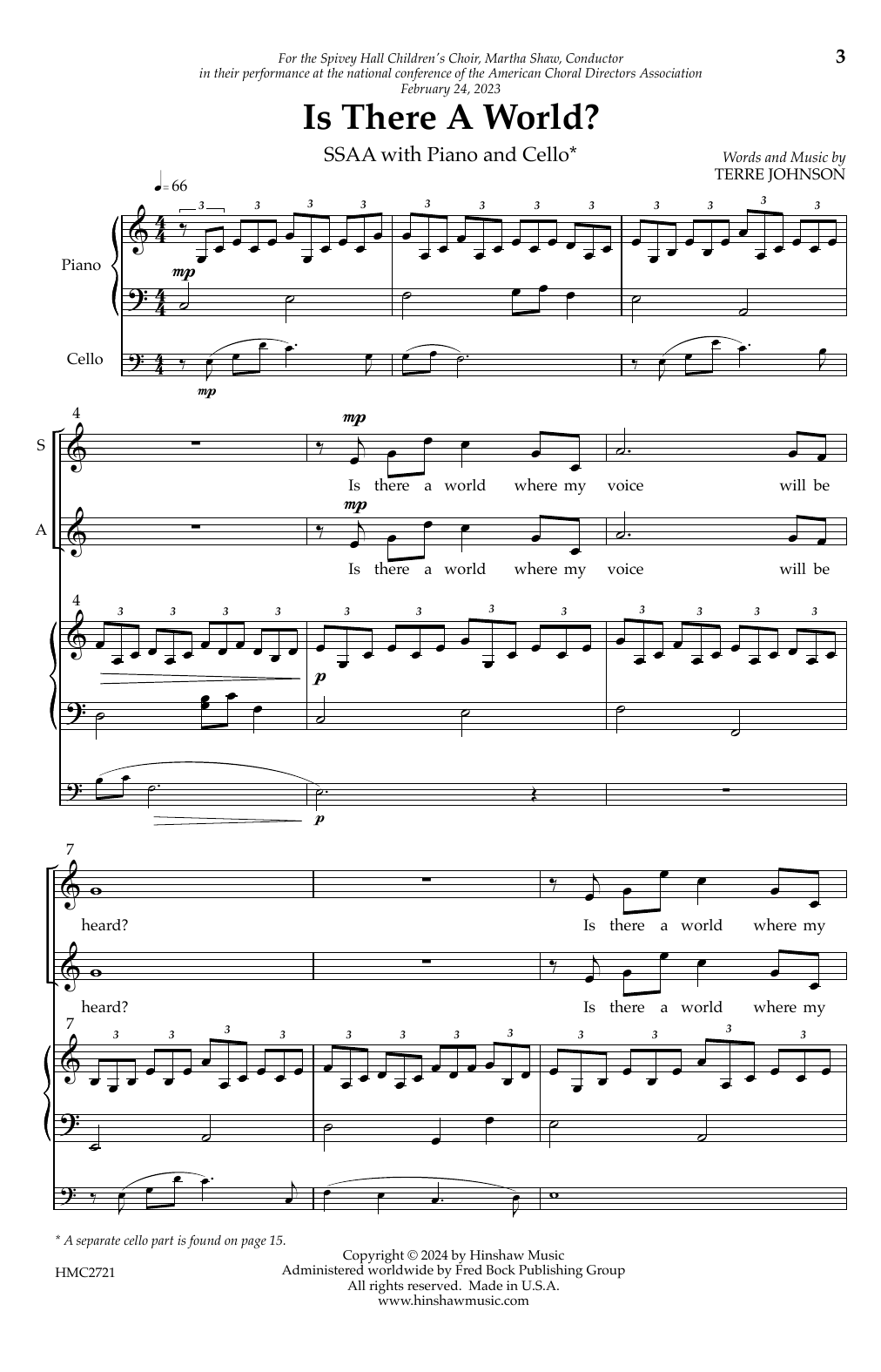 Terre Johnson Is There A World? sheet music notes and chords arranged for SSAA Choir