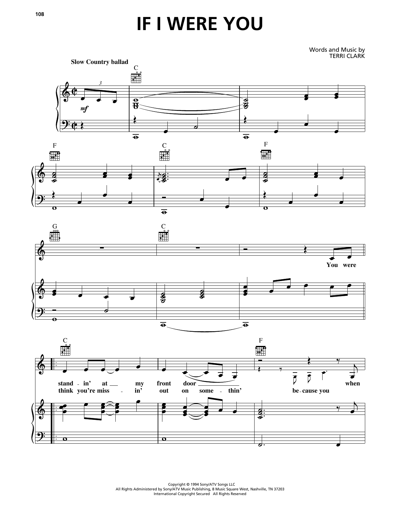Terri Clark If I Were You sheet music notes and chords arranged for Piano, Vocal & Guitar Chords (Right-Hand Melody)