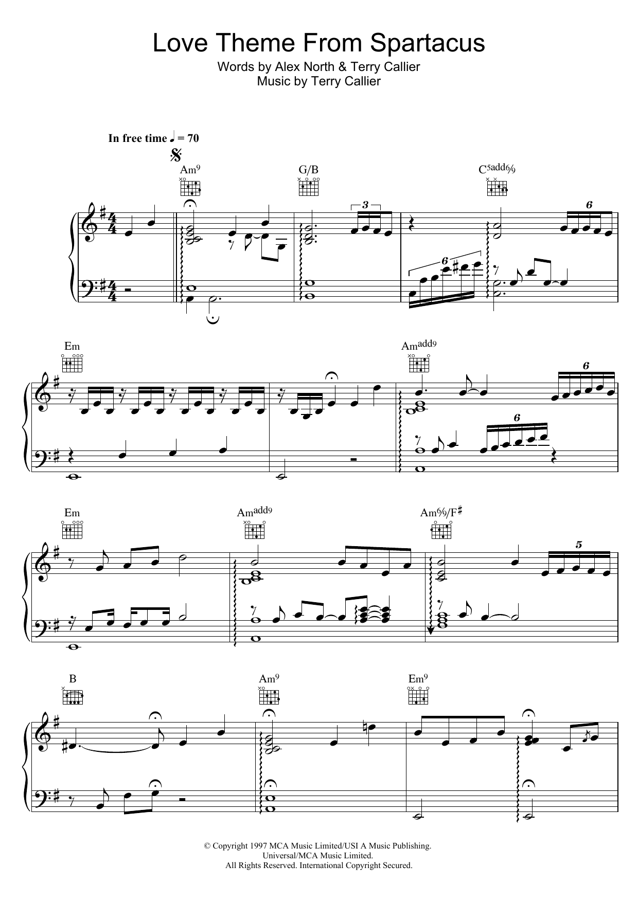 Terry Callier Love Theme From Spartacus sheet music notes and chords arranged for Piano, Vocal & Guitar Chords