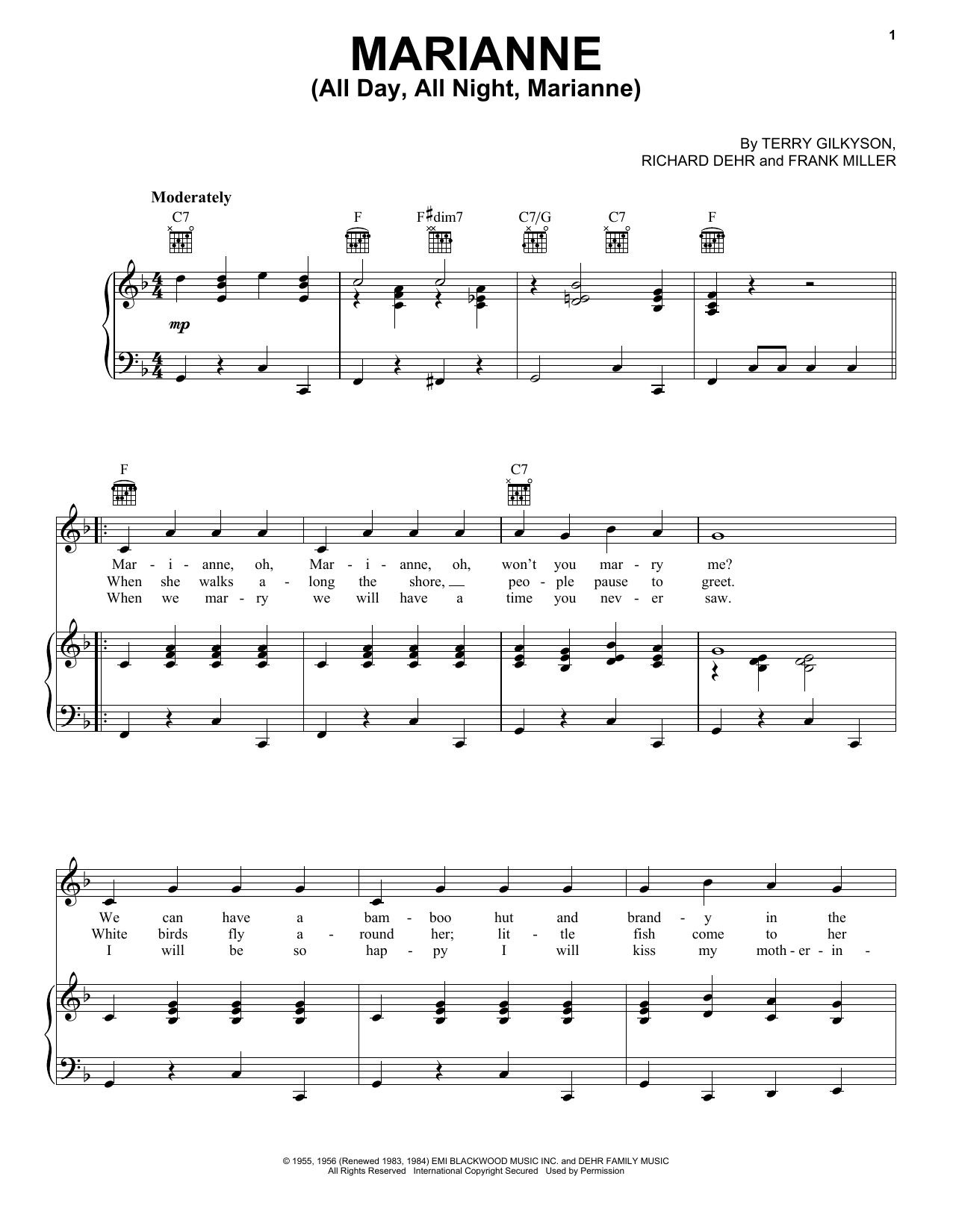 Terry Gilkyson & The Easy Riders Marianne (All Day, All Night, Marianne) sheet music notes and chords arranged for Piano, Vocal & Guitar Chords (Right-Hand Melody)