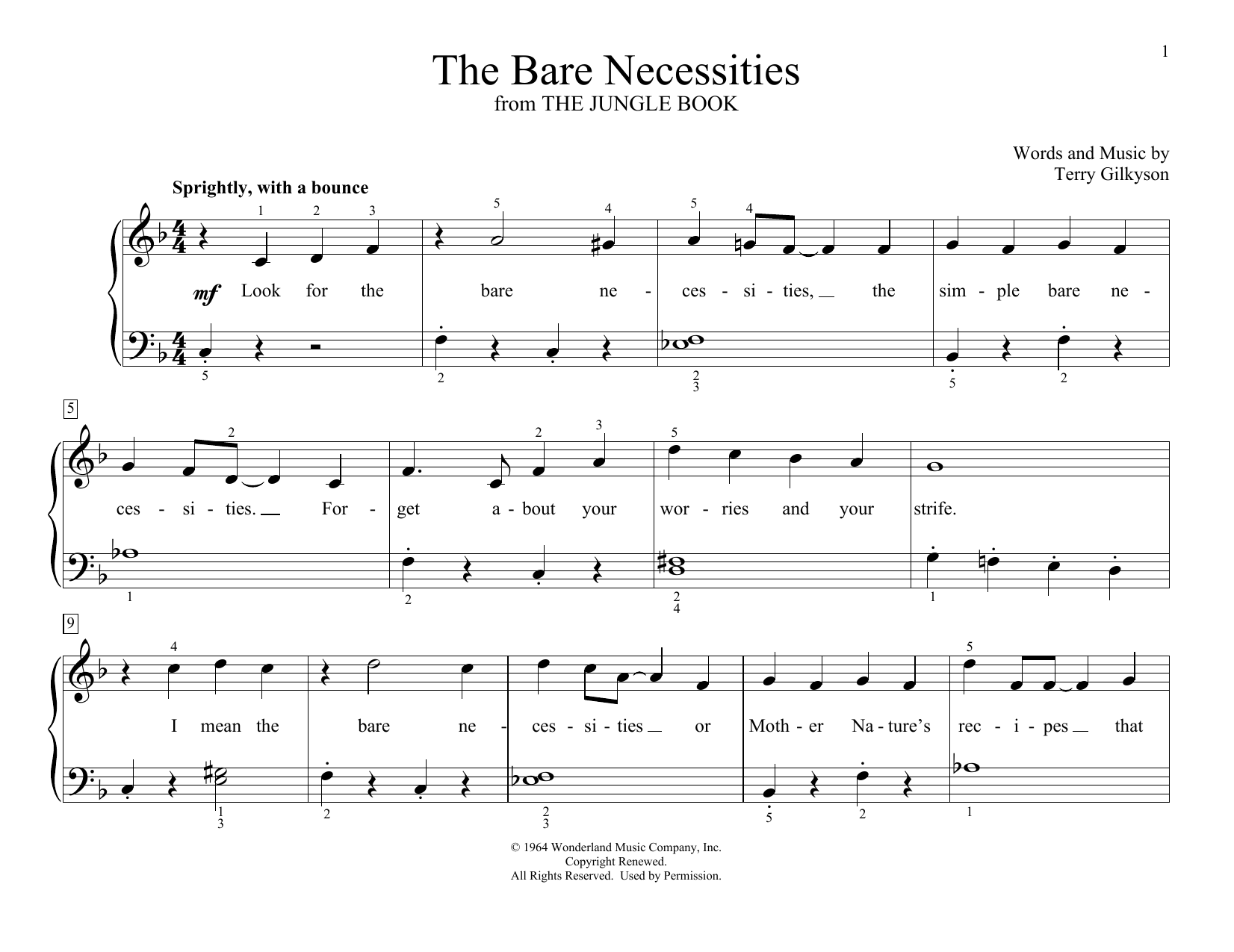 Terry Gilkyson The Bare Necessities (from Disney's The Jungle Book) (arr. Christopher Hussey) sheet music notes and chords arranged for Educational Piano