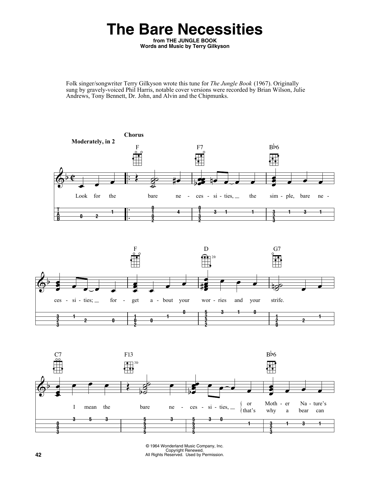 Terry Gilkyson The Bare Necessities (from The Jungle Book) (arr. Fred Sokolow) sheet music notes and chords arranged for Easy Ukulele Tab
