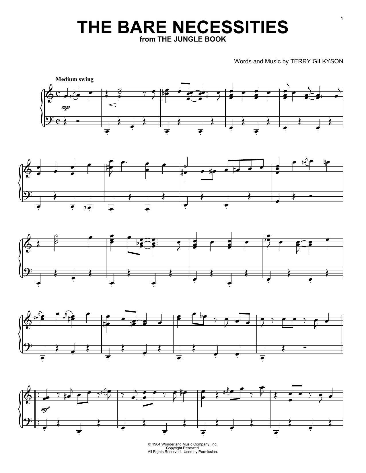 Terry Gilkyson The Bare Necessities (from The Jungle Book) [Classical version] sheet music notes and chords arranged for Piano Solo