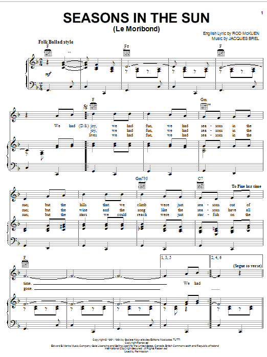 Terry Jacks Seasons In The Sun (Le Moribond) sheet music notes and chords arranged for Piano, Vocal & Guitar Chords (Right-Hand Melody)
