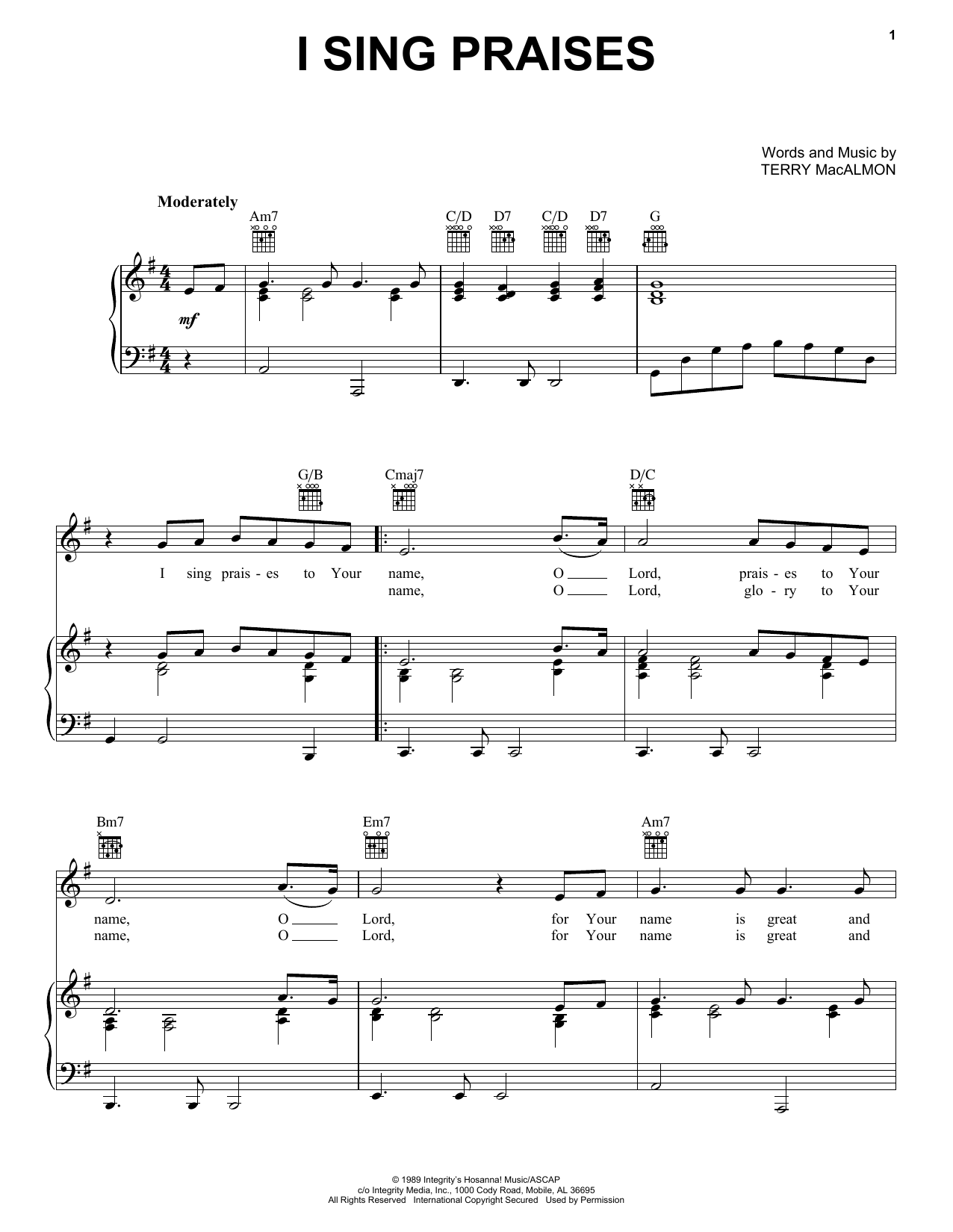 Terry MacAlmon I Sing Praises sheet music notes and chords arranged for Lead Sheet / Fake Book