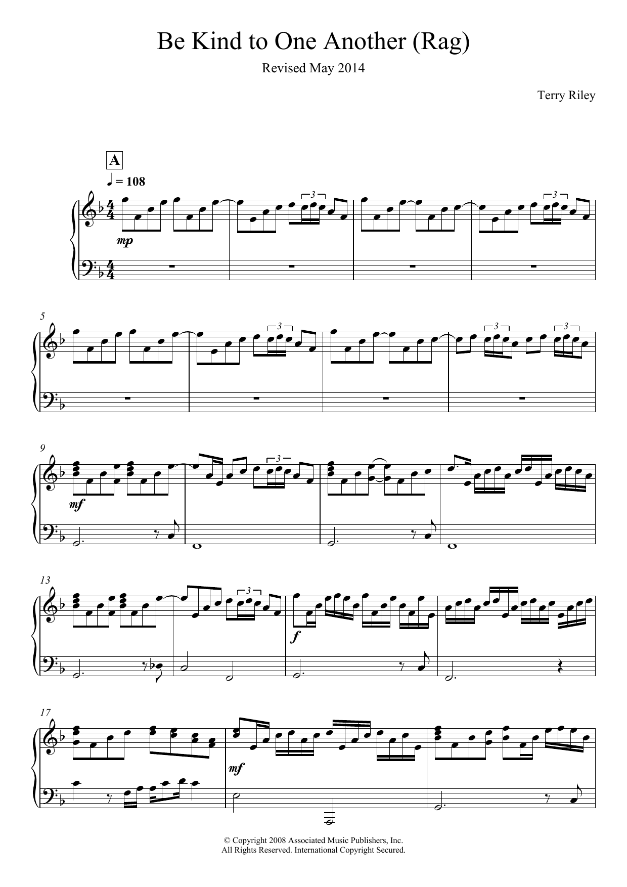 Terry Riley Be Kind To One Another (Rag) sheet music notes and chords arranged for Piano Solo