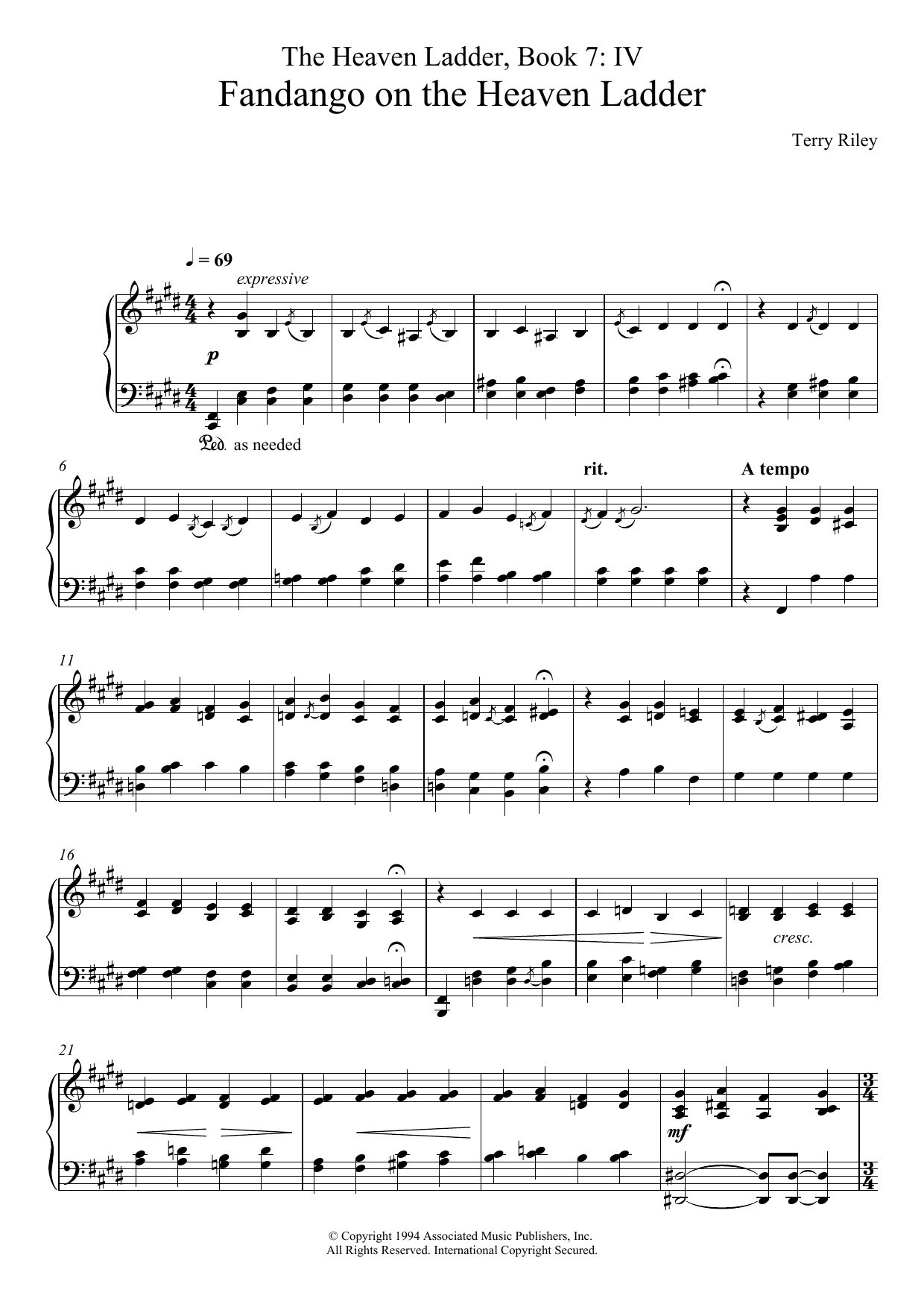Terry Riley Fandango On The Heaven Ladder (No.4 From The Heaven Ladder Book 7) sheet music notes and chords arranged for Piano Solo