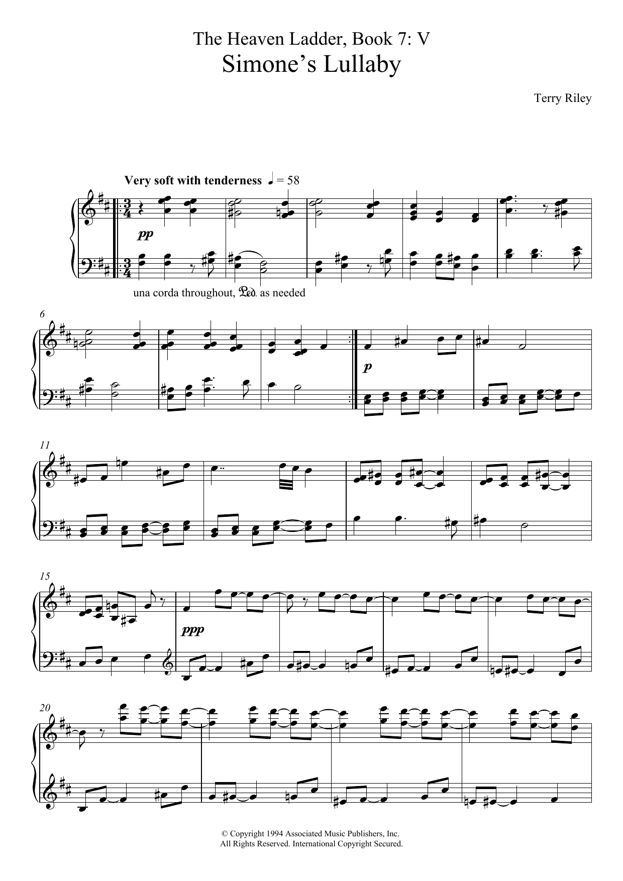 Terry Riley Simone's Lullaby (No.5 From The Heaven Ladder Book 7) sheet music notes and chords arranged for Piano Solo