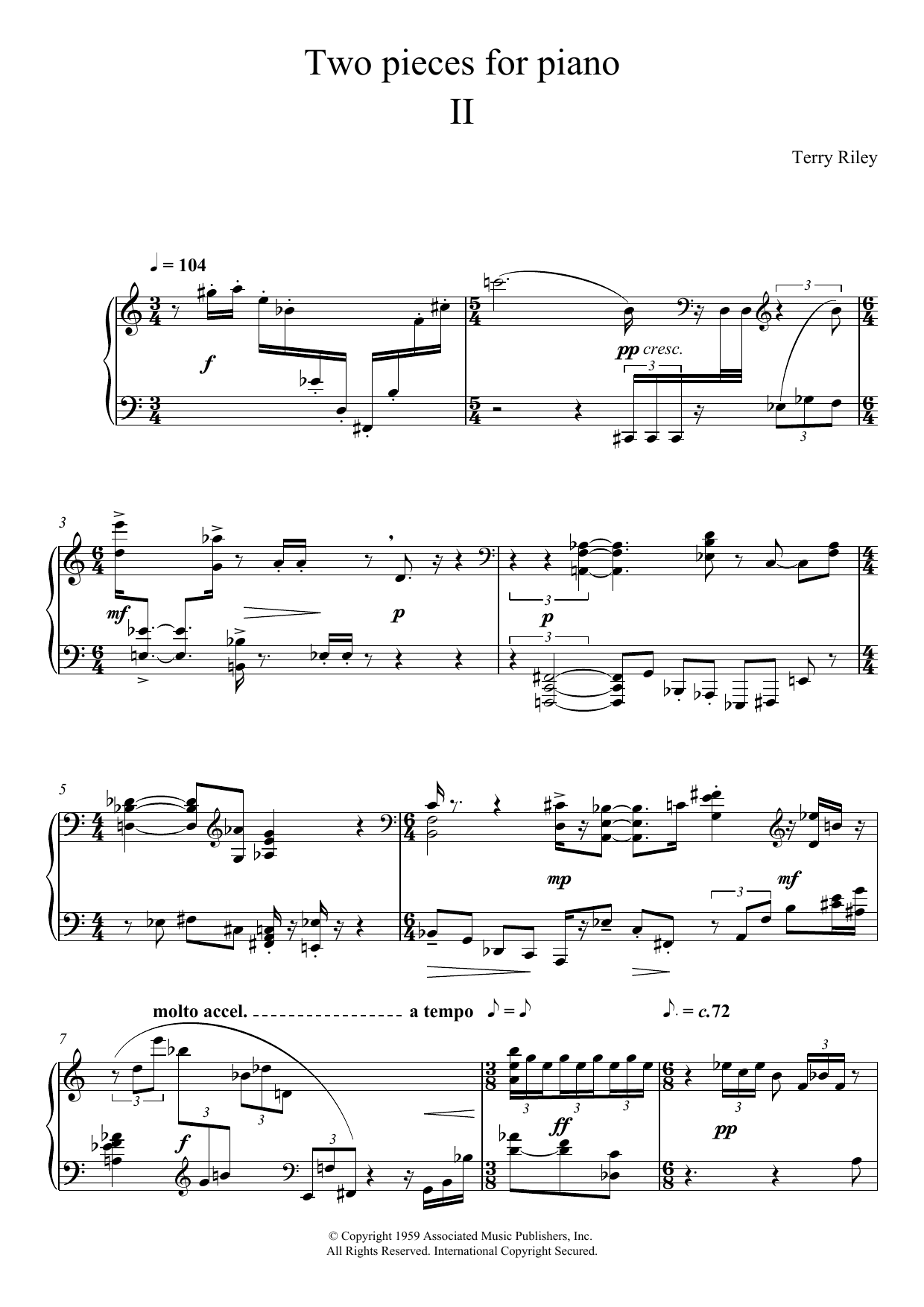 Terry Riley Two Pieces For Piano - II. sheet music notes and chords arranged for Piano Solo