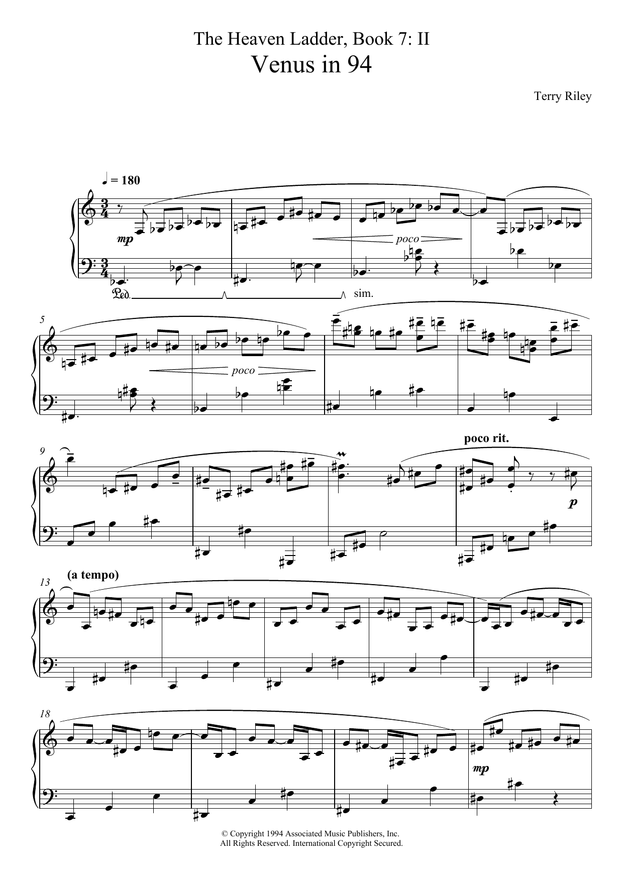 Terry Riley Venus In 94 (No.2 From The Heaven Ladder Book 7) sheet music notes and chords arranged for Piano Solo