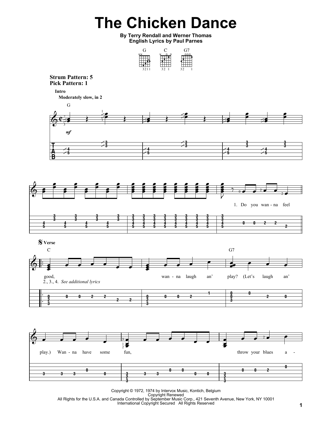 Terry Rendall The Chicken Dance sheet music notes and chords arranged for Easy Guitar Tab