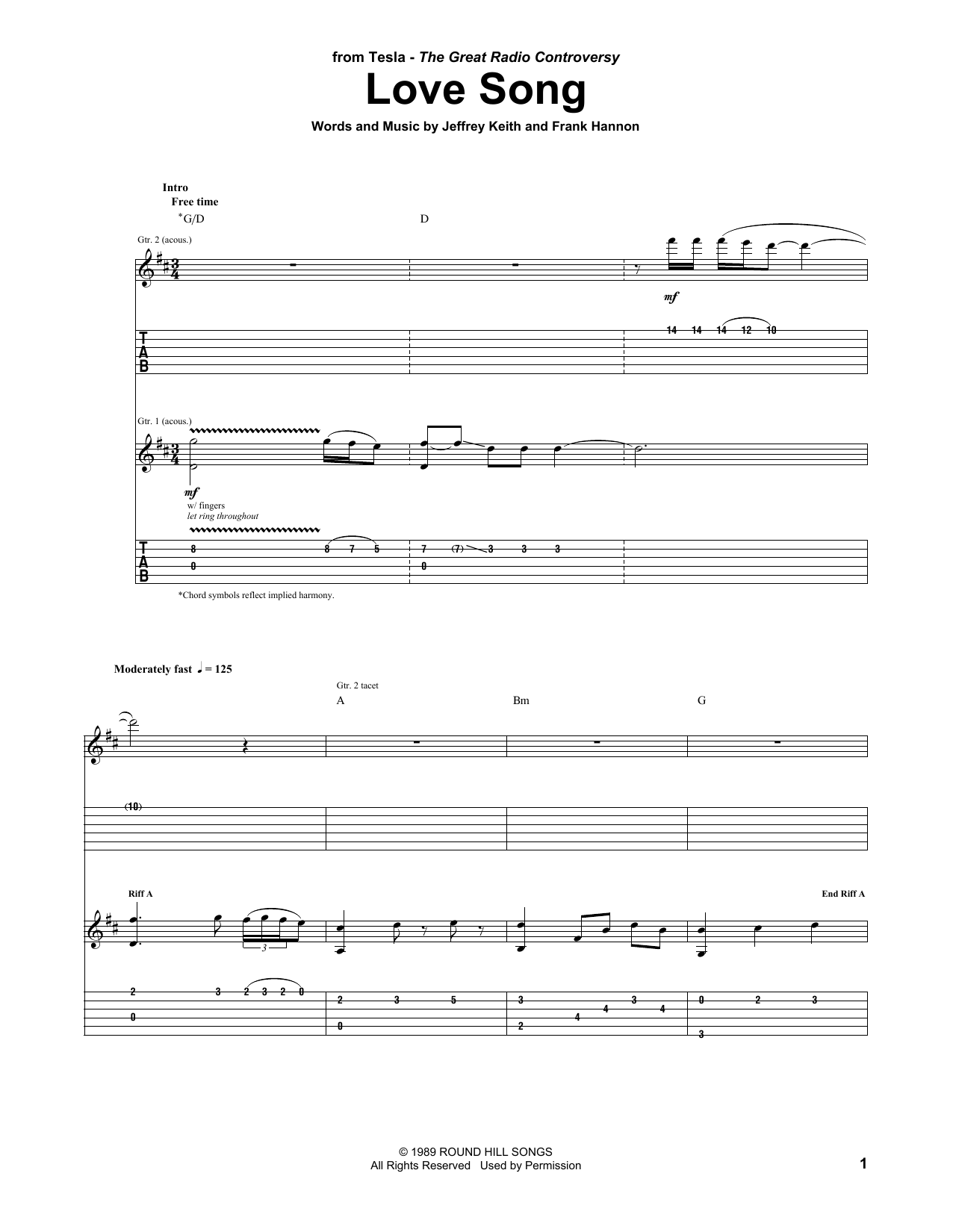 Tesla Love Song sheet music notes and chords arranged for Guitar Tab