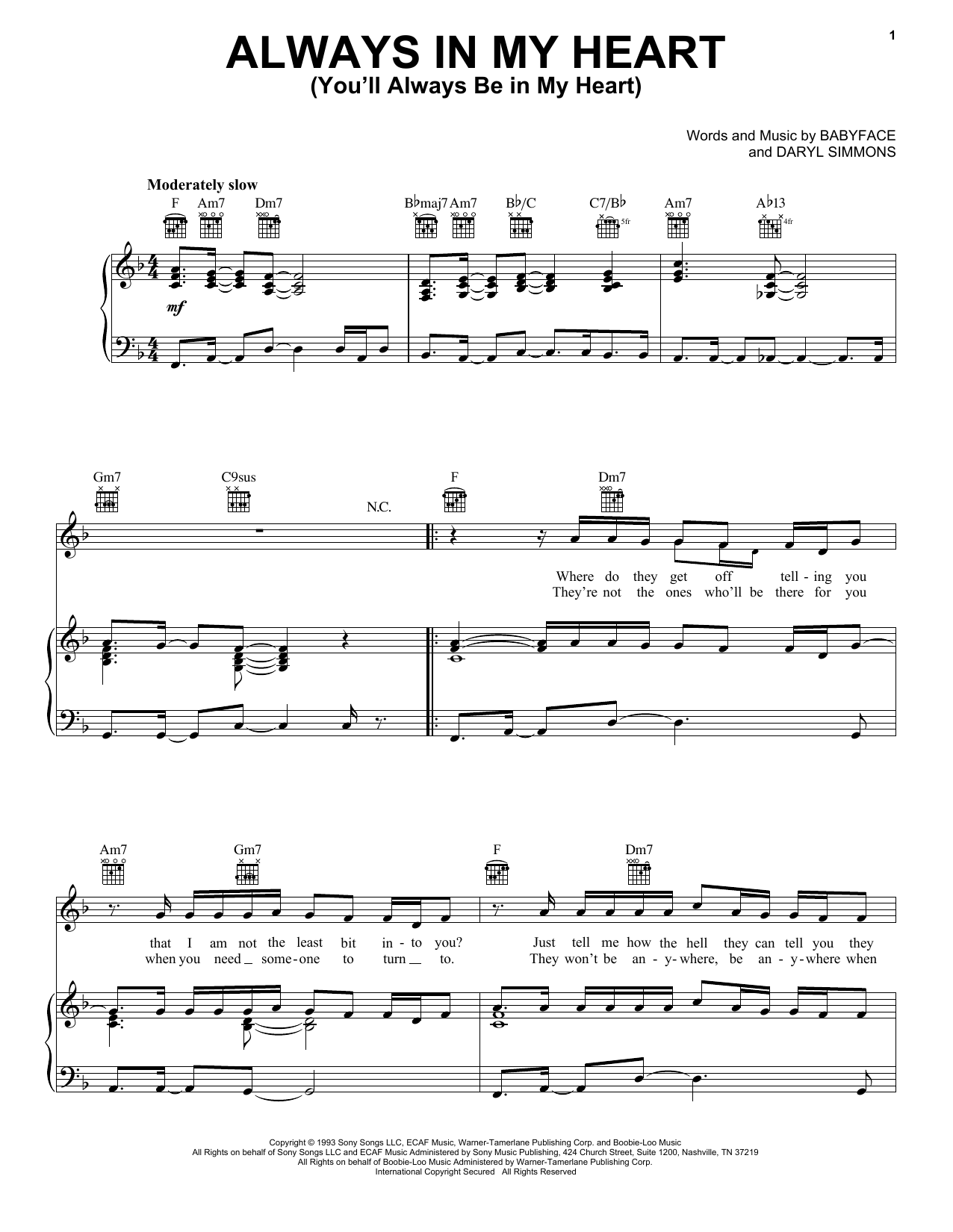 Tevin Campbell Always In My Heart (You'll Always Be In My Heart) sheet music notes and chords arranged for Piano, Vocal & Guitar Chords (Right-Hand Melody)