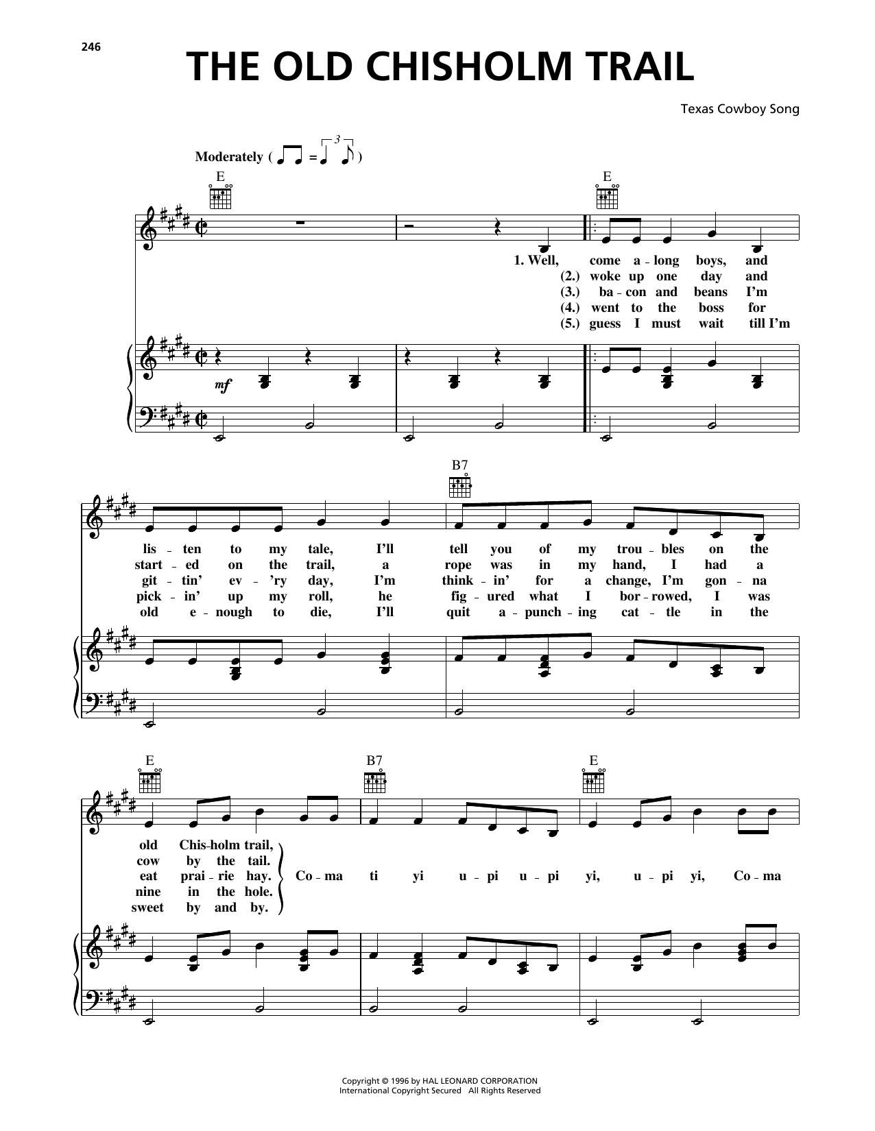 Texas Cowboy Song The Old Chisholm Trail sheet music notes and chords arranged for Piano, Vocal & Guitar Chords (Right-Hand Melody)